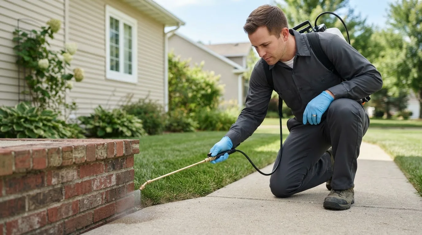 Pest control technician treating a home near Nettie, WV
